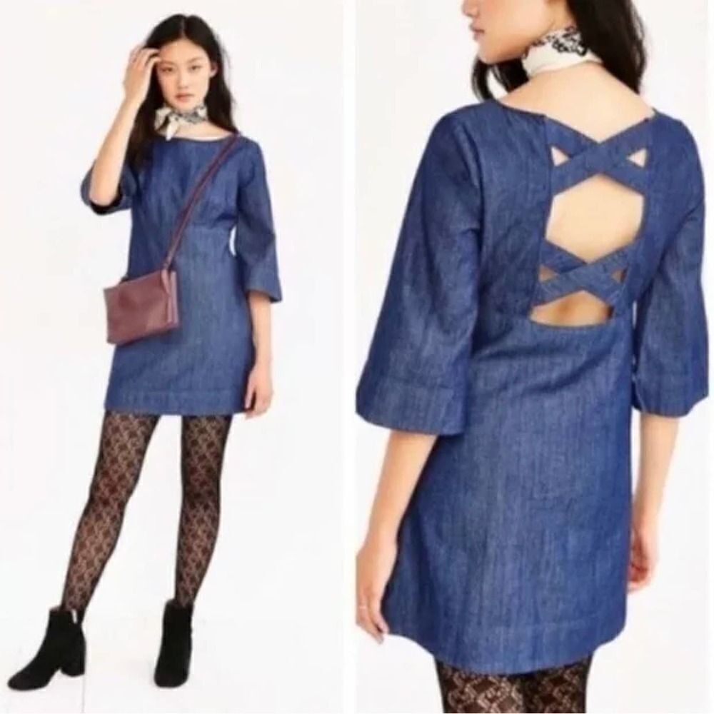 NWT COOPERATIVE Blue Denim Mini Dress Bell Sleeve Fit Flare Cross Back Size 6